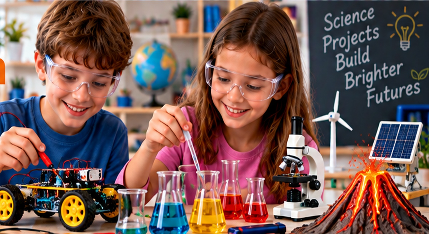 Students building science projects and conducting experiments